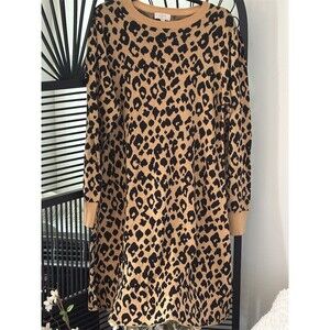 LOFT Outlet Sweater Dress Womens XL Tan Black Leopard Print Shift Mini LS